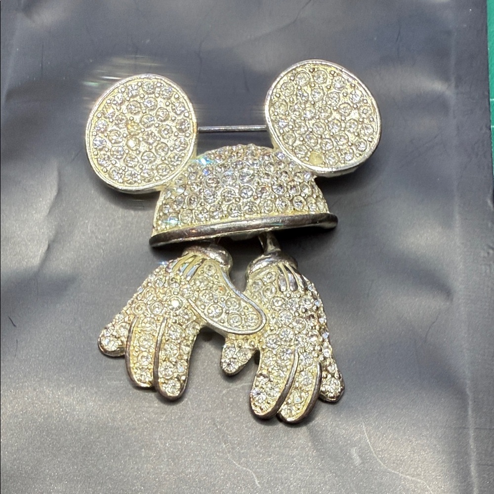 Disney Mickey Mouse Crystal Rhinestone Brooch Silver-Tone Hat & Gloves - Napier